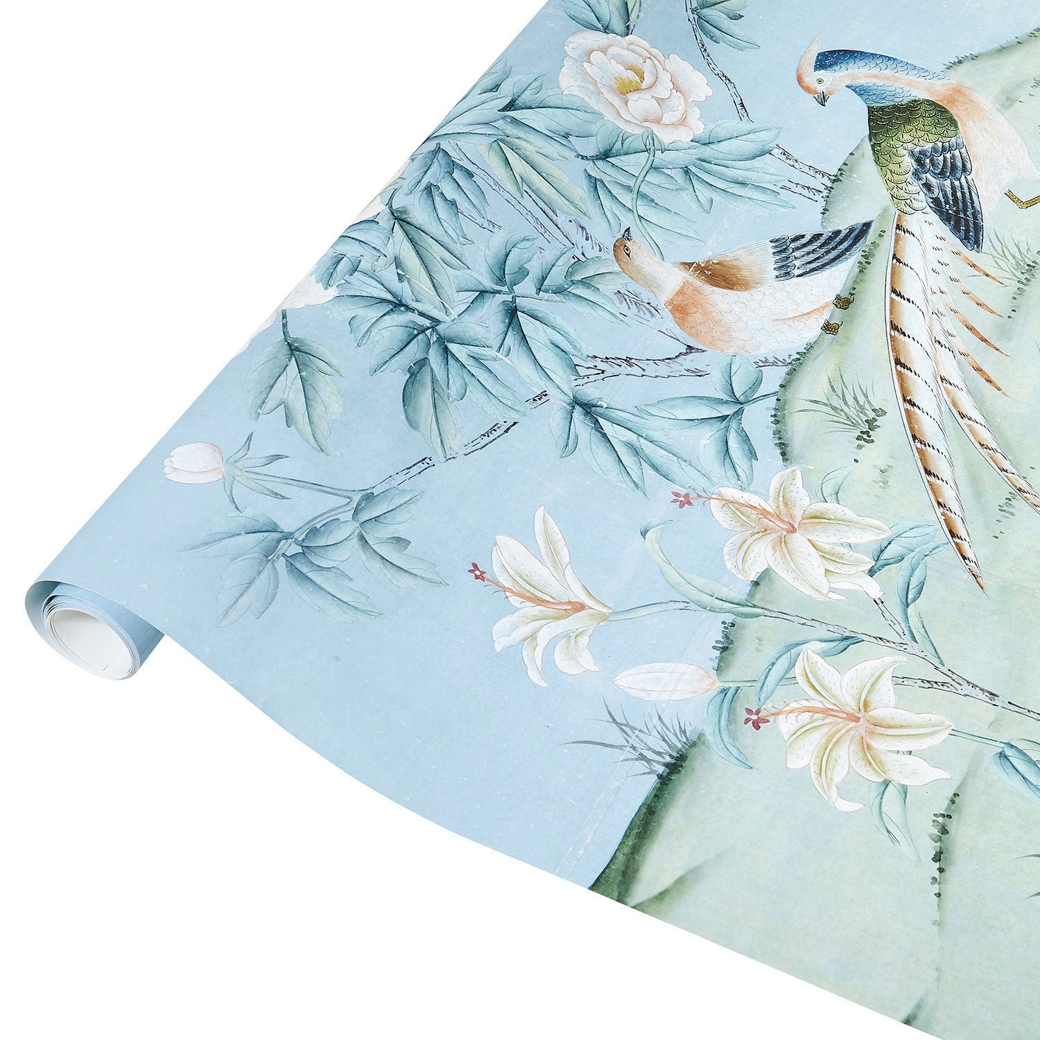 Detail of Pierre in Robins Egg Blue Chinoiserie Wallpaper on Roll