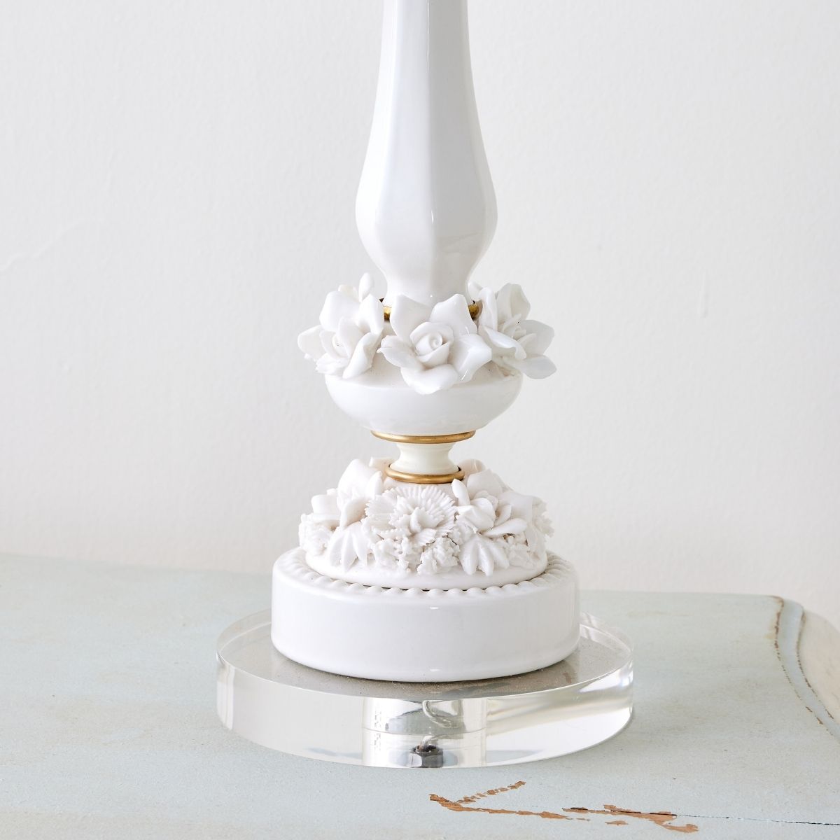 Pair of White Floral Lamp with Blue Taper Shade & Acrylic Base - Caitlin Wilson Design