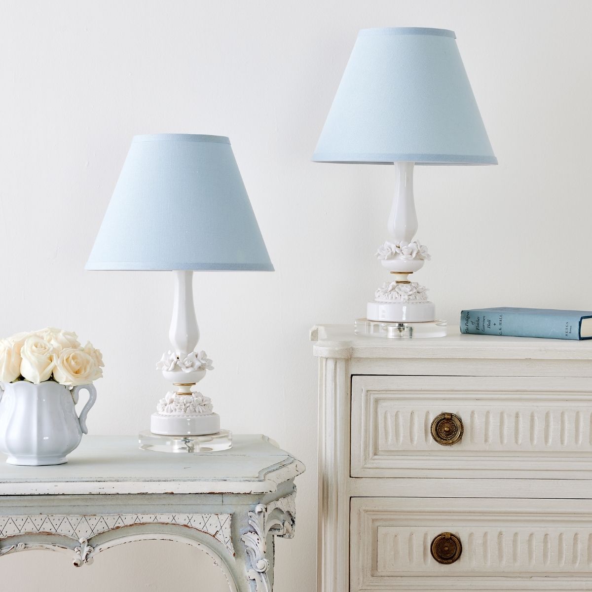 Pair of White Floral Lamp with Blue Taper Shade & Acrylic Base - Caitlin Wilson Design