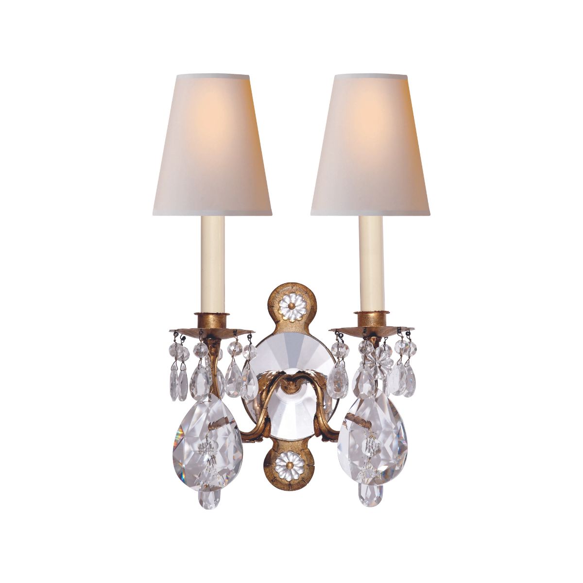 Yves Crystal Double Arm Sconce in Gilded Iron and Crystal with Natural Percale Shades