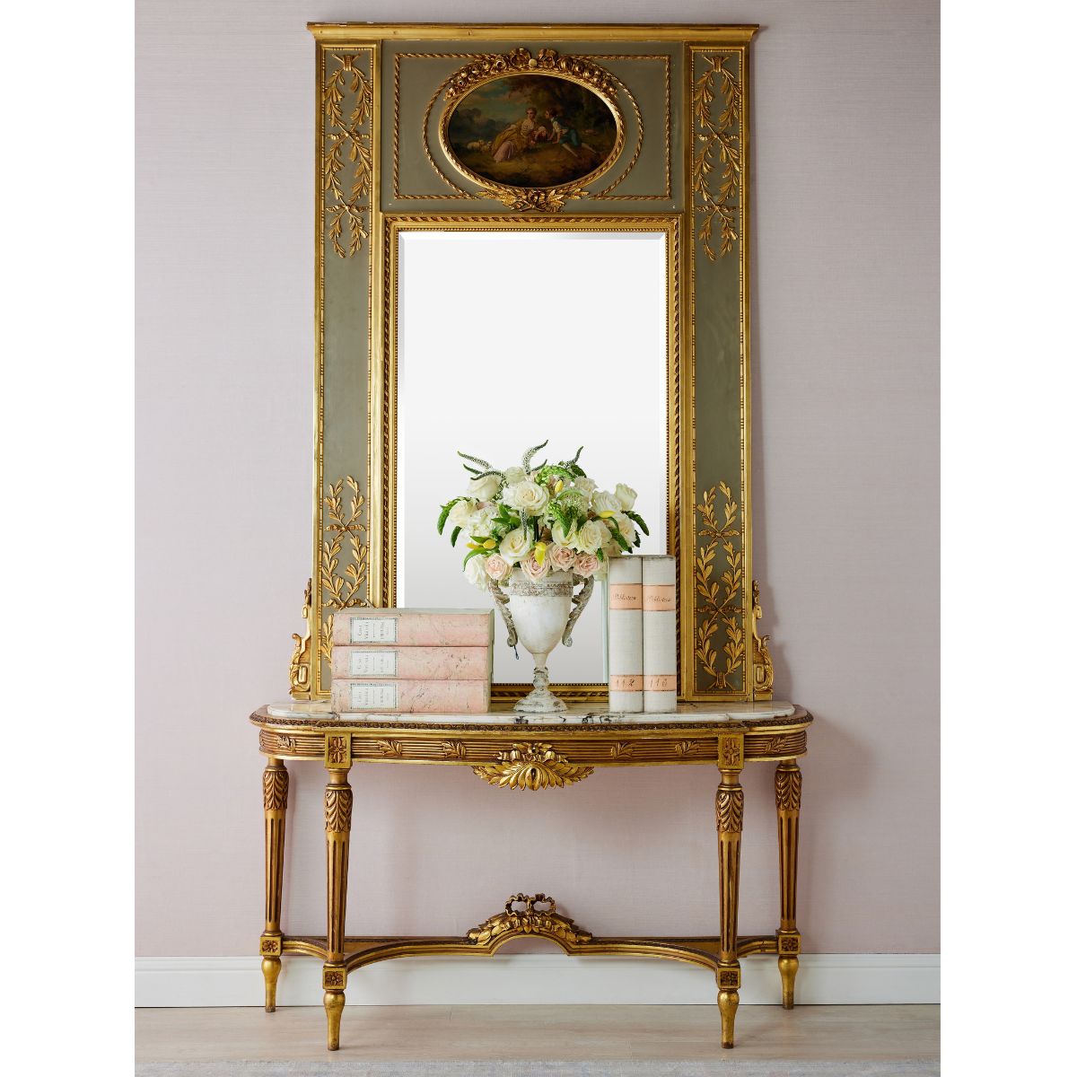 19th C. Large Hand Painted Romantic Gilt Trumeau Mirror - Caitlin Wilson Design