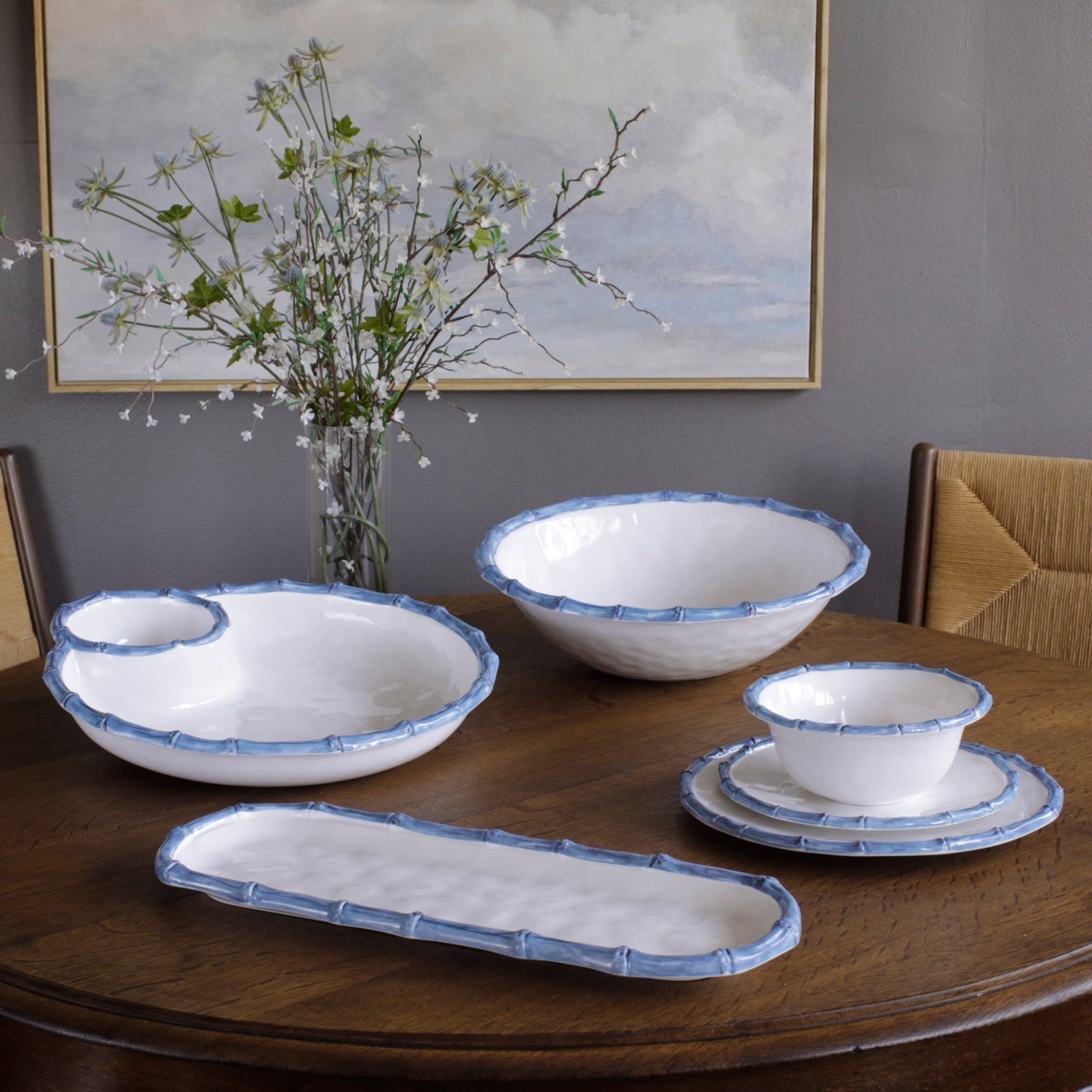 VIDA Bamboo 7.5" Cereal Bowl Set of 4 (White and Blue)