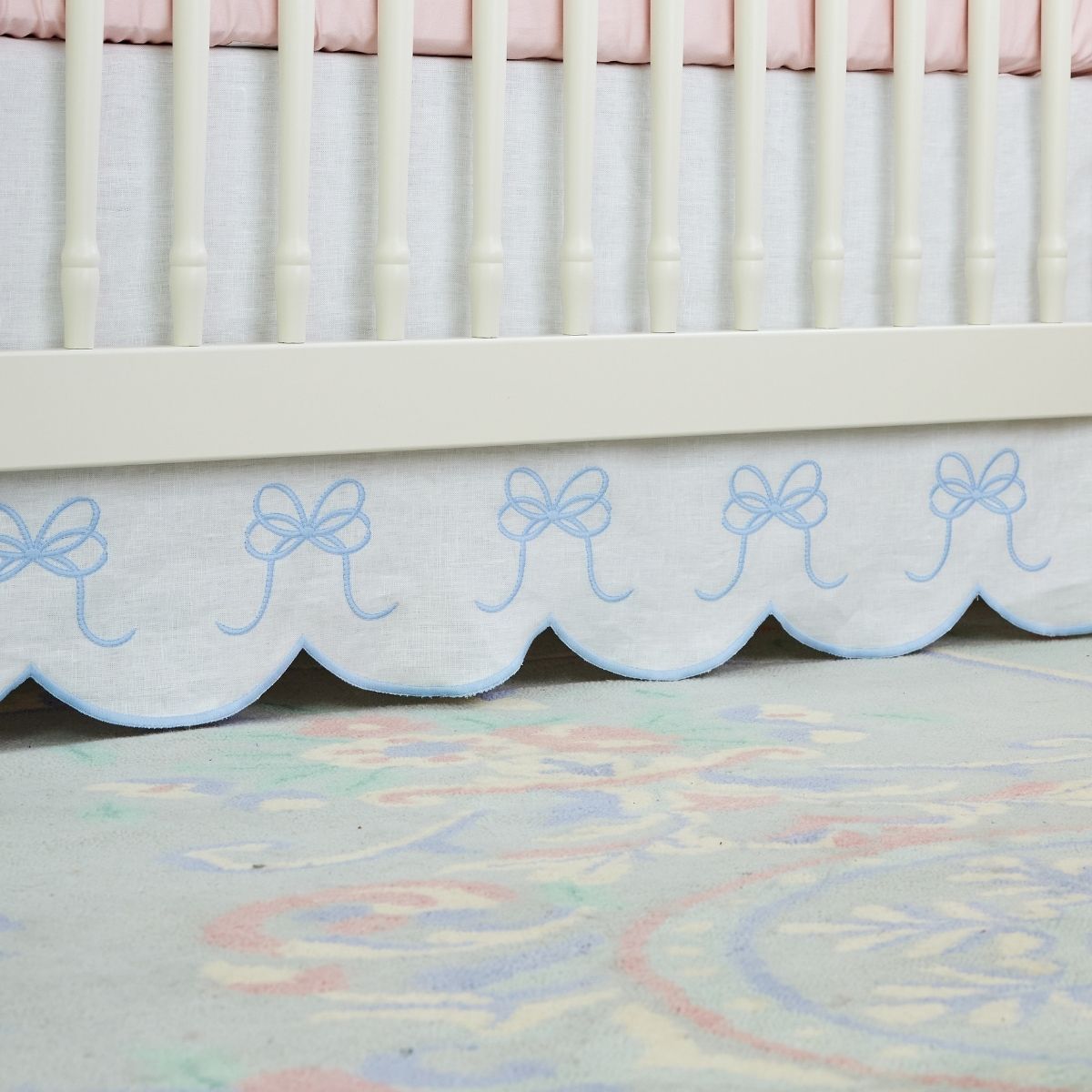 Bow Scalloped Crib Skirt in Soft Blue