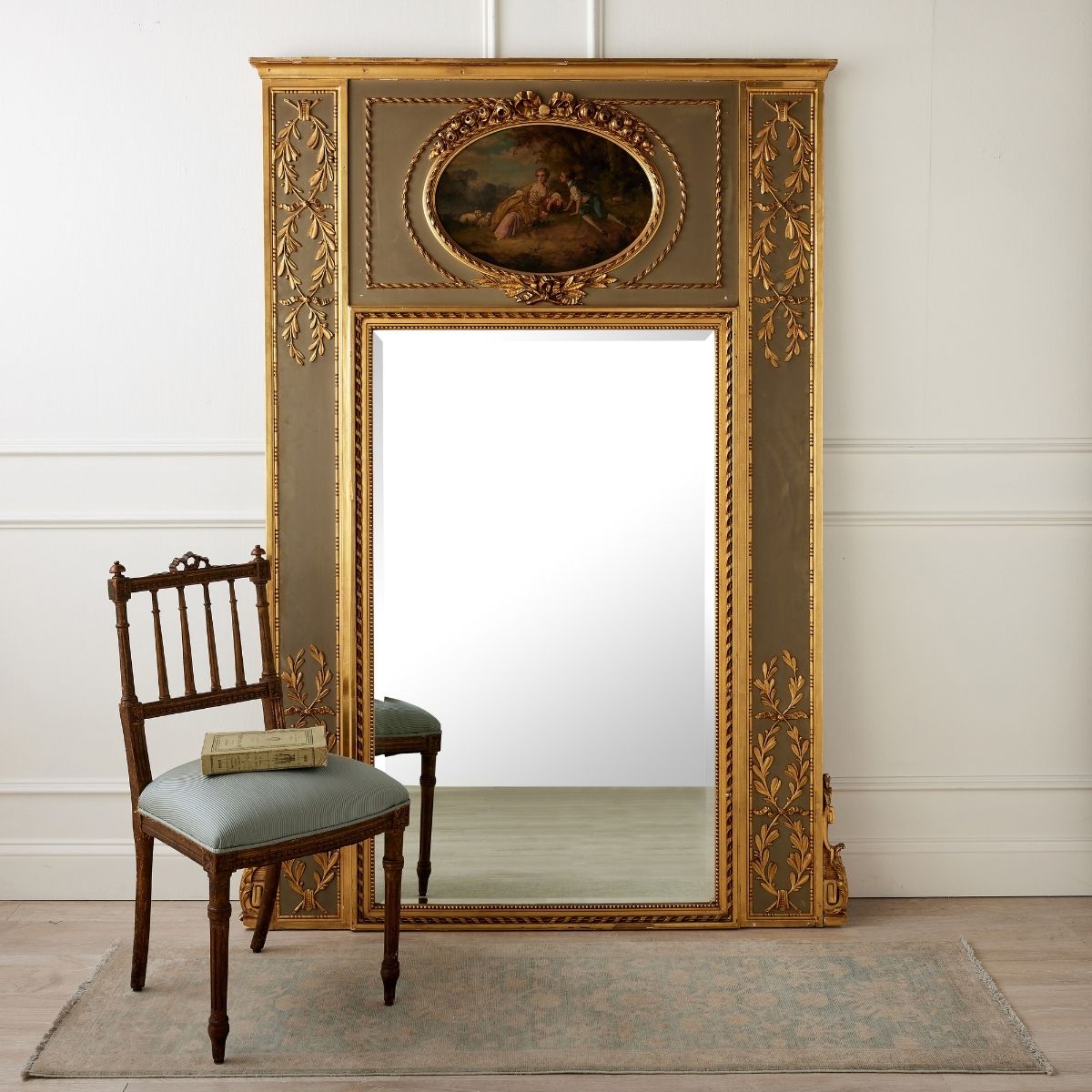 19th C. Large Hand Painted Romantic Gilt Trumeau Mirror - Caitlin Wilson Design