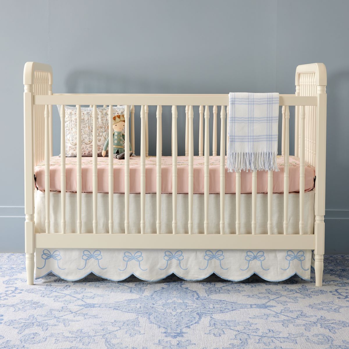 Bow Scalloped Crib Skirt in Soft Blue - Caitlin Wilson Design