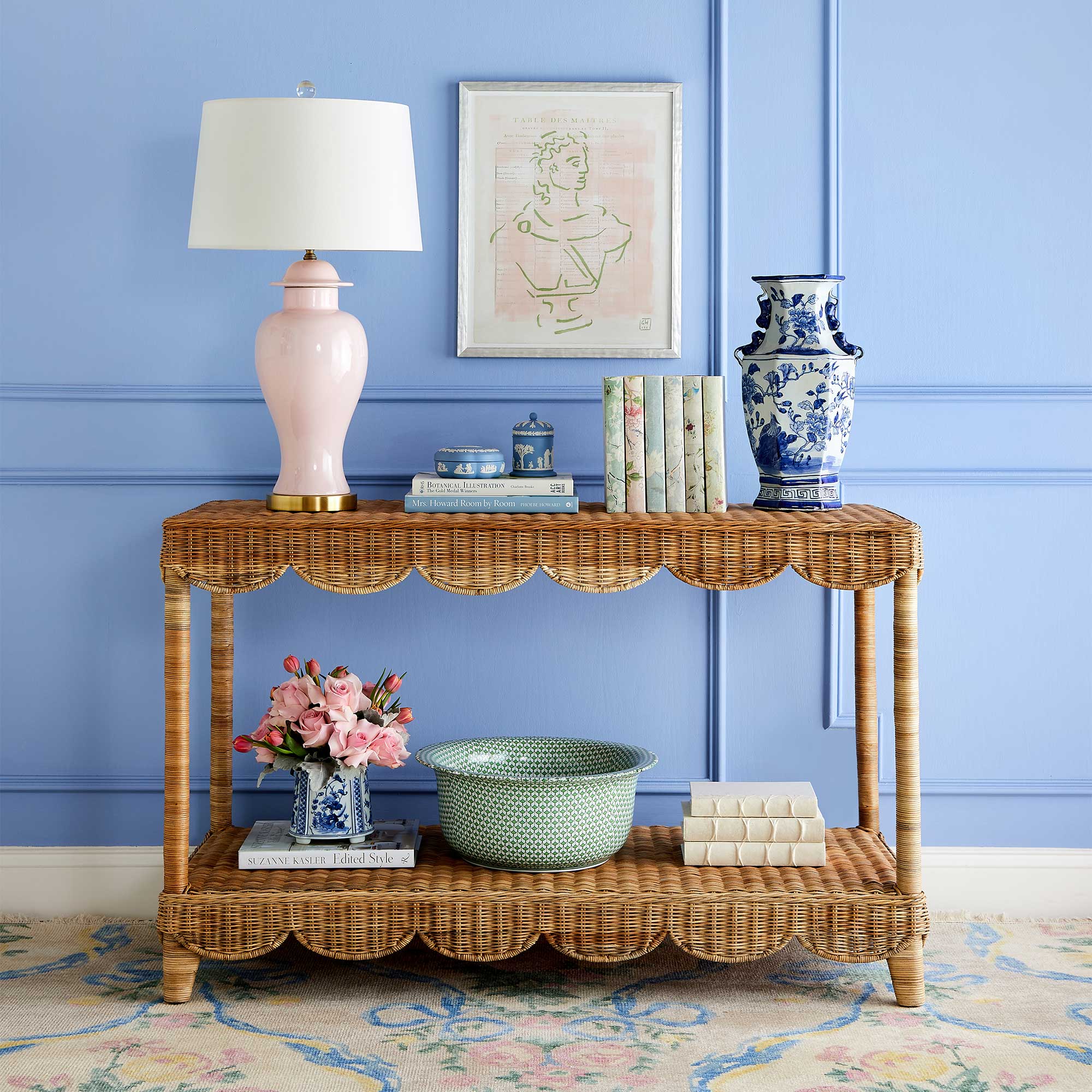 Blue Floral Hex Vase on Console Table