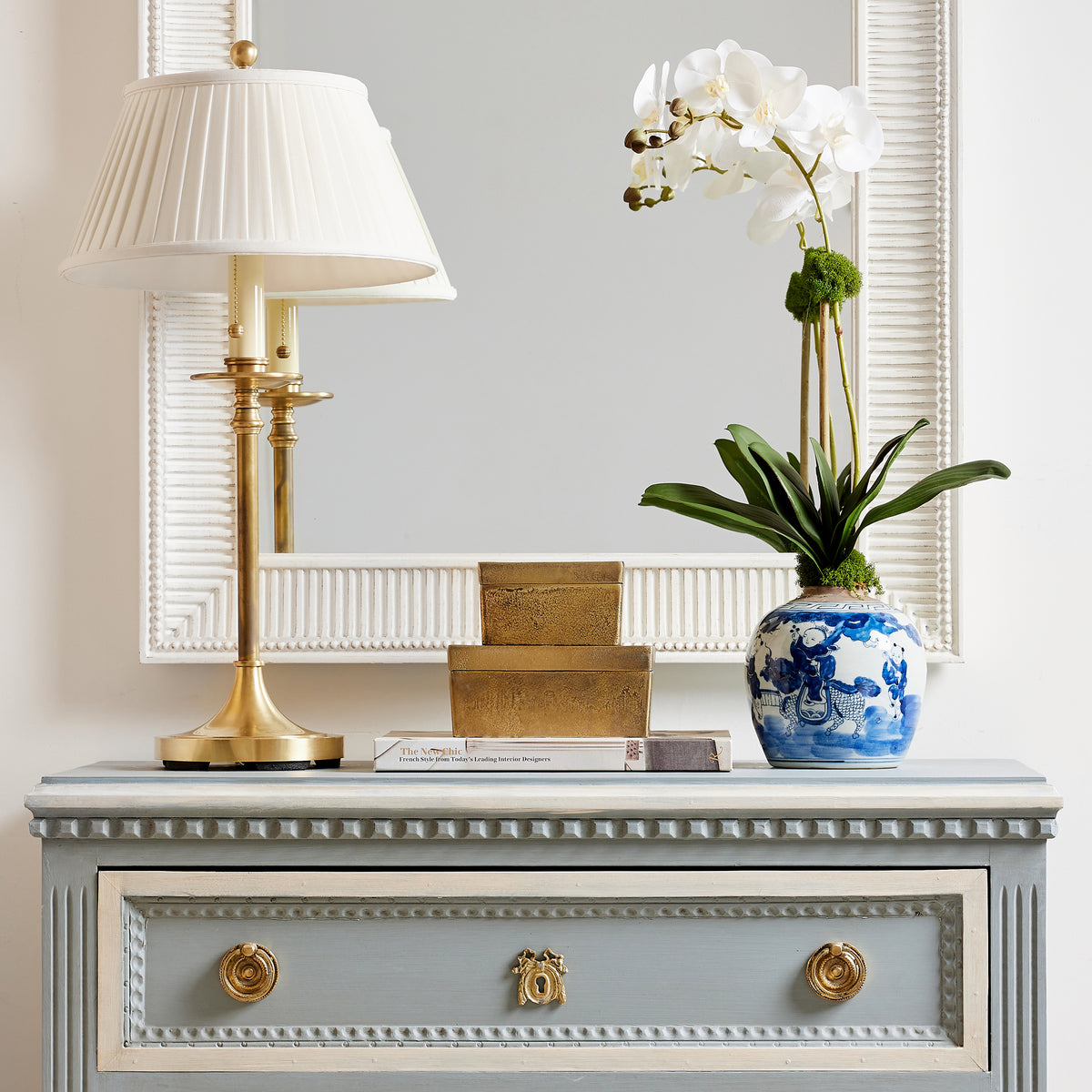Single White Orchid in Chinoise Vase
