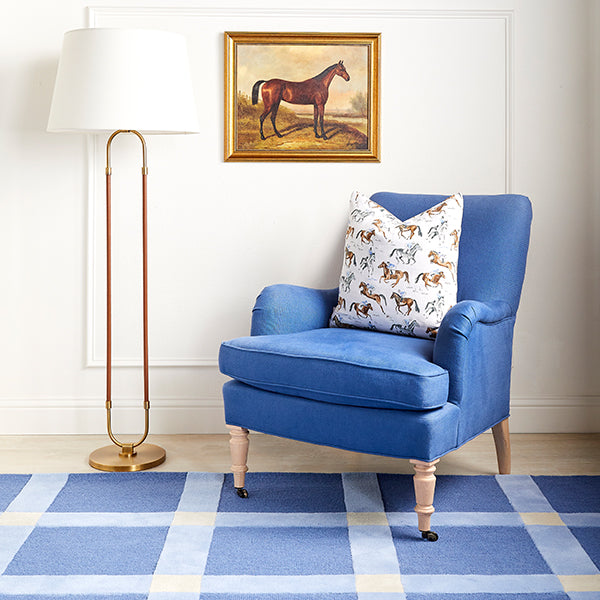 Blueberry Blue Carter Chair with Horse Print Pillow in Room