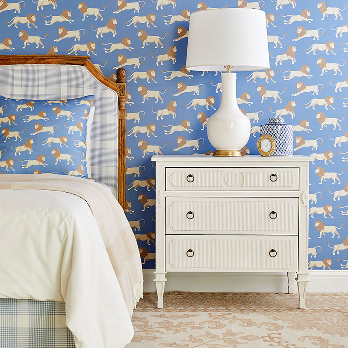 Leopold Lion Wallpaper in Royal Blue in Boy's Room