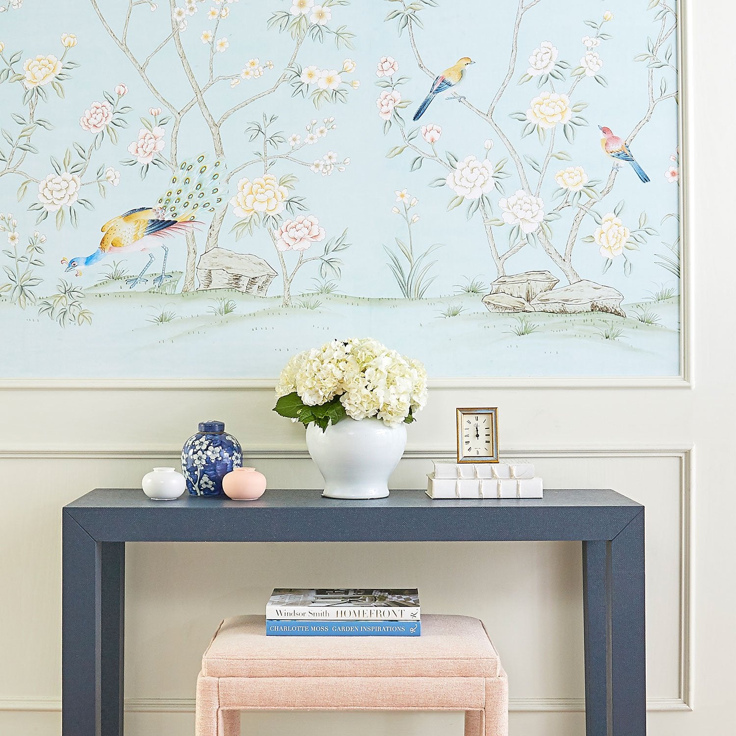 Colchester in Blue Chinoiserie Wallpaper Mural Over Hall Table