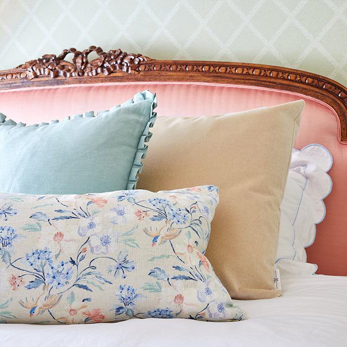 Cream Velvet Throw Pillow in Bedroom