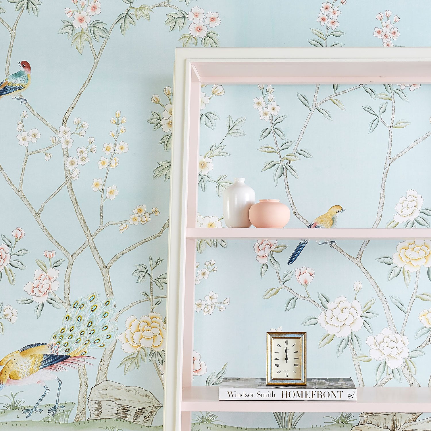 Colchester in Blue Chinoiserie Wallpaper Mural in Front of Bookcase