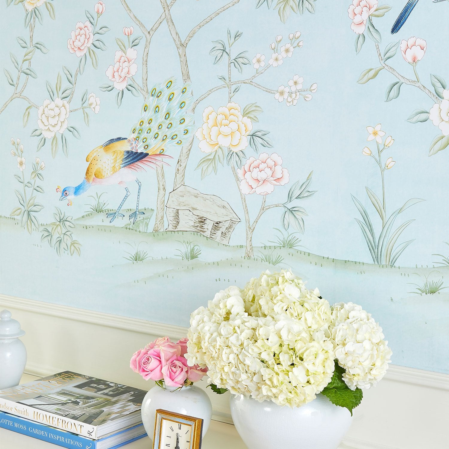 Colchester in Blue Chinoiserie Wallpaper Mural Styled Behind Table Vignette 