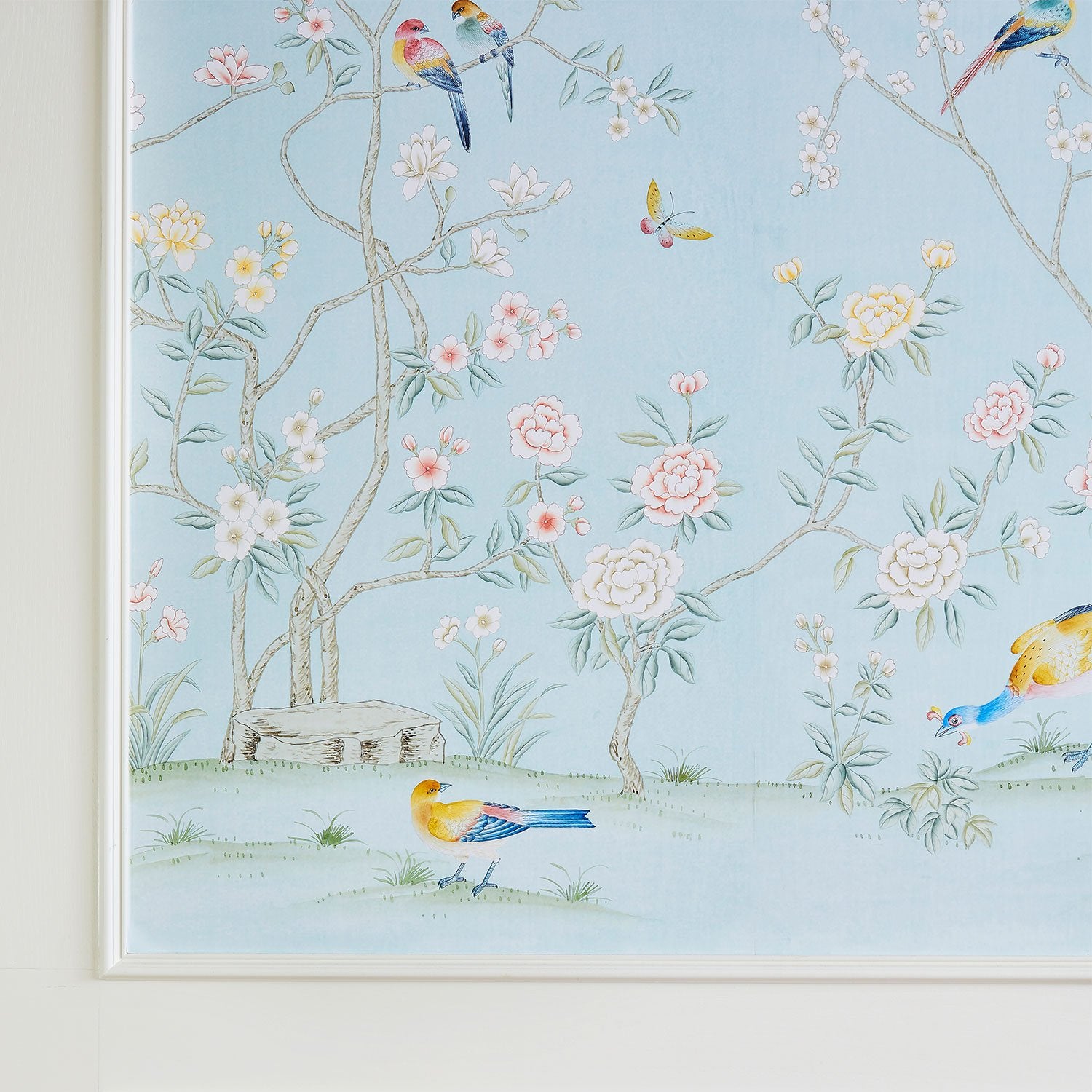 Framed piece of Colchester in Blue Chinoiserie Wallpaper