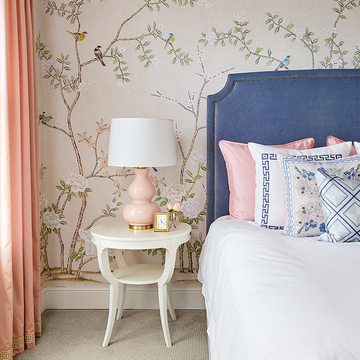 Abingdon Chinoiserie Wallpaper in Blush on Bedroom Wall