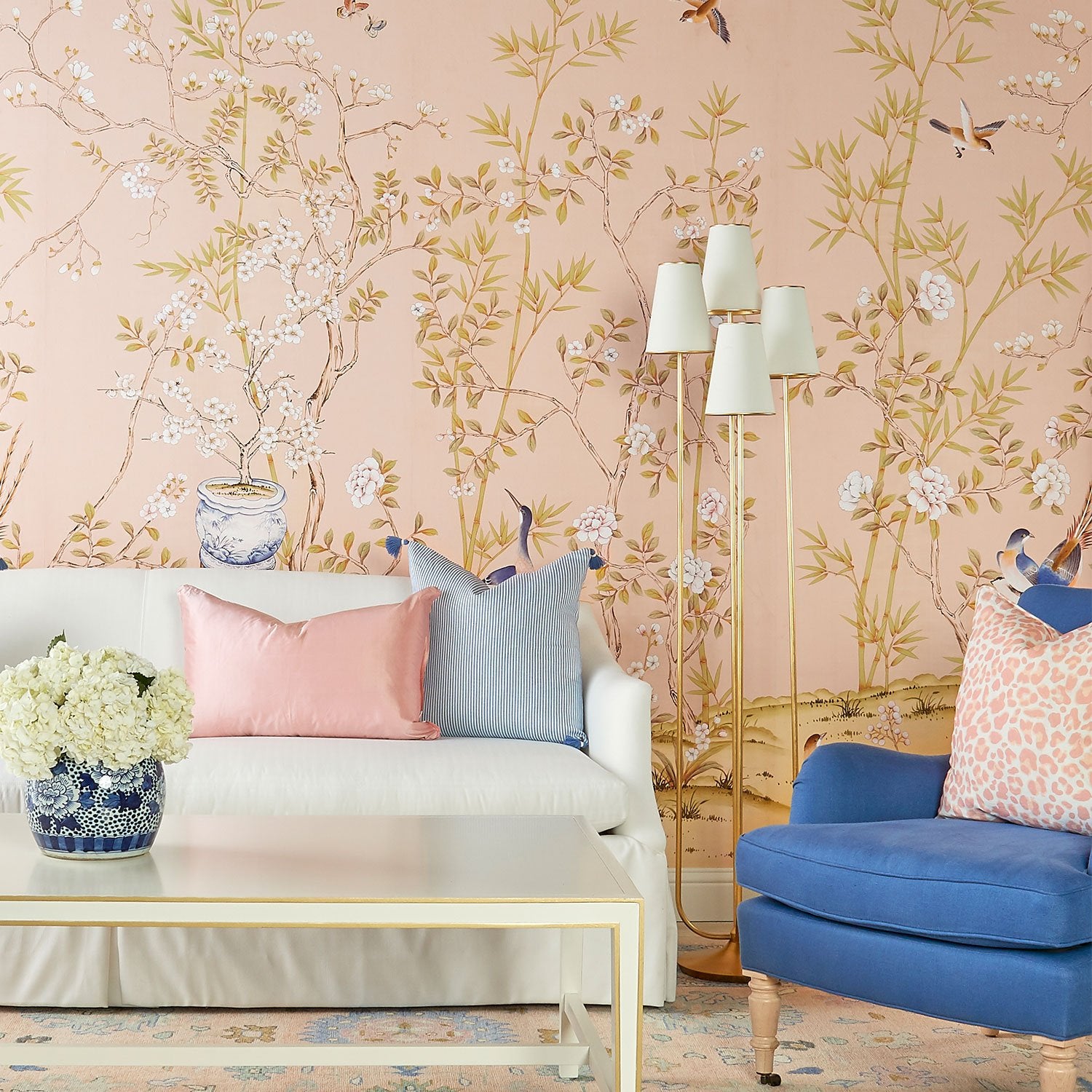 Belfort in Blush Chinoiserie Wallpaper in Living Room