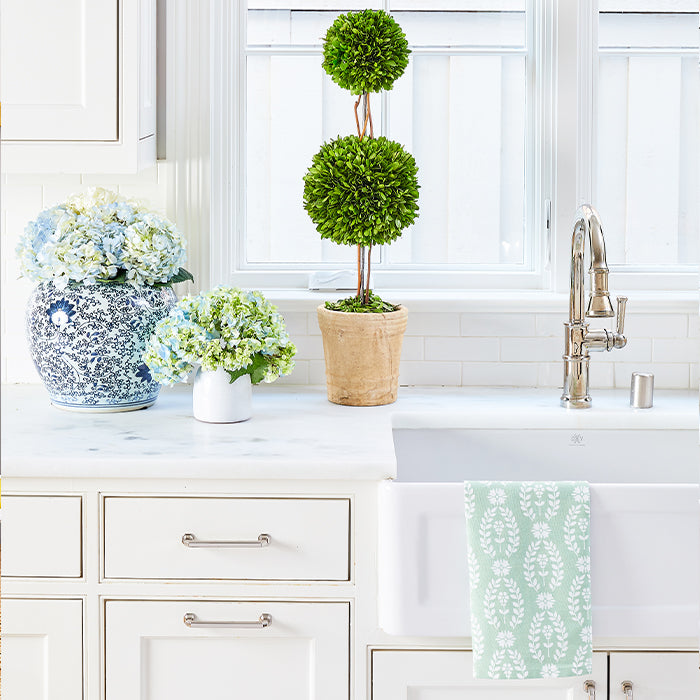 Large Boxwood Topiary Styled in Kitchen