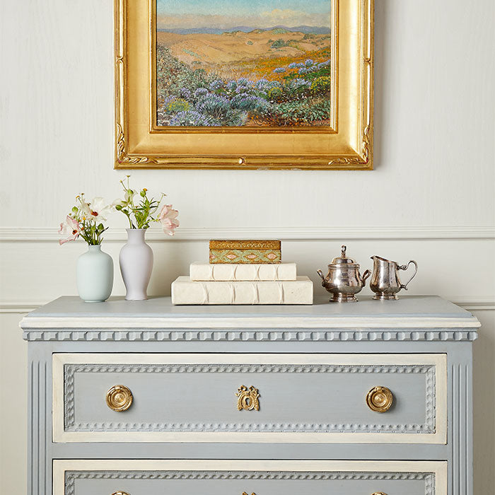 Soft Blue Bisous Dresser with Beading in Room