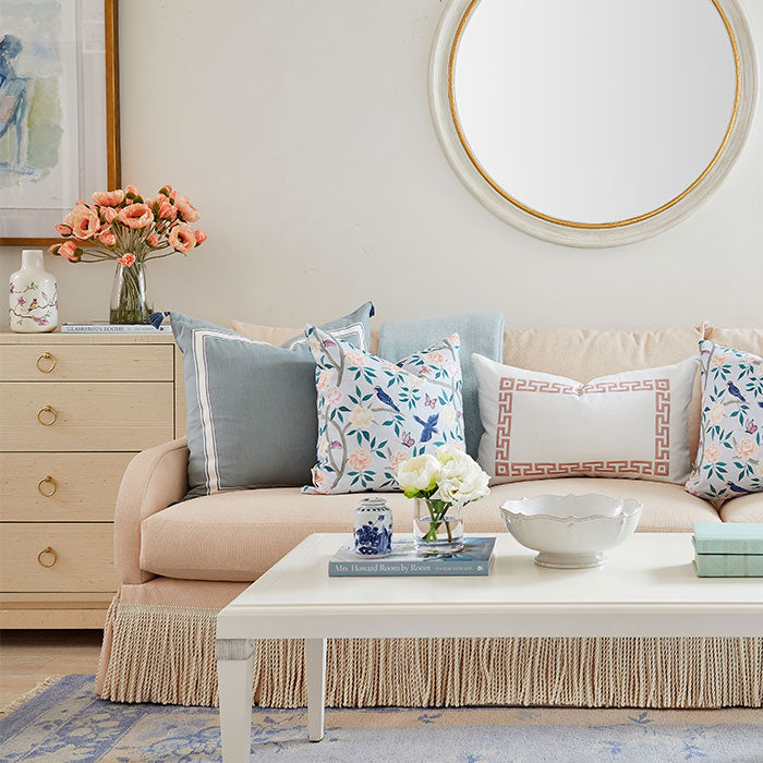Soft Blue Floral Chinoiserie Pillows in Living Room