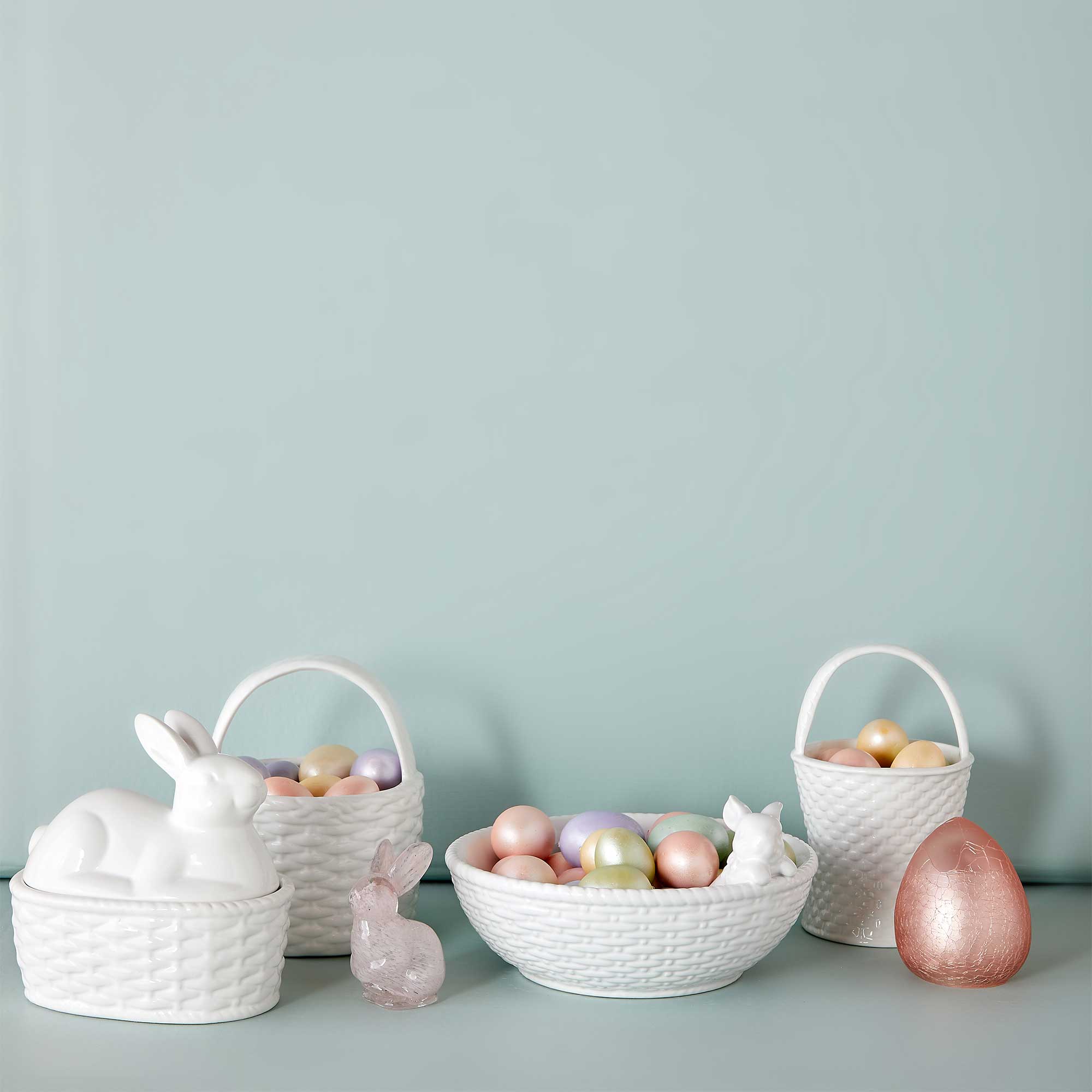 Balboa Baskets in White Ceramic with Easter Eggs and Bunnies