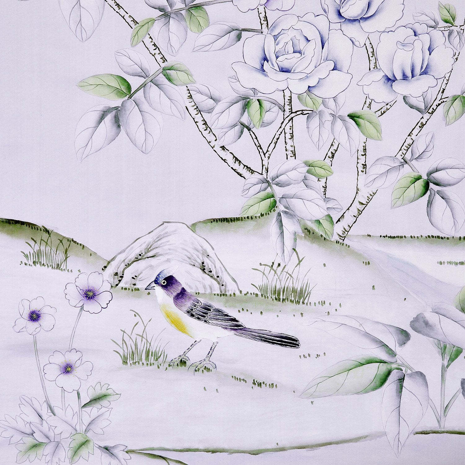 Bird and Floral Detail on Louis Chinoiserie Mural Wallpaper Lavender
