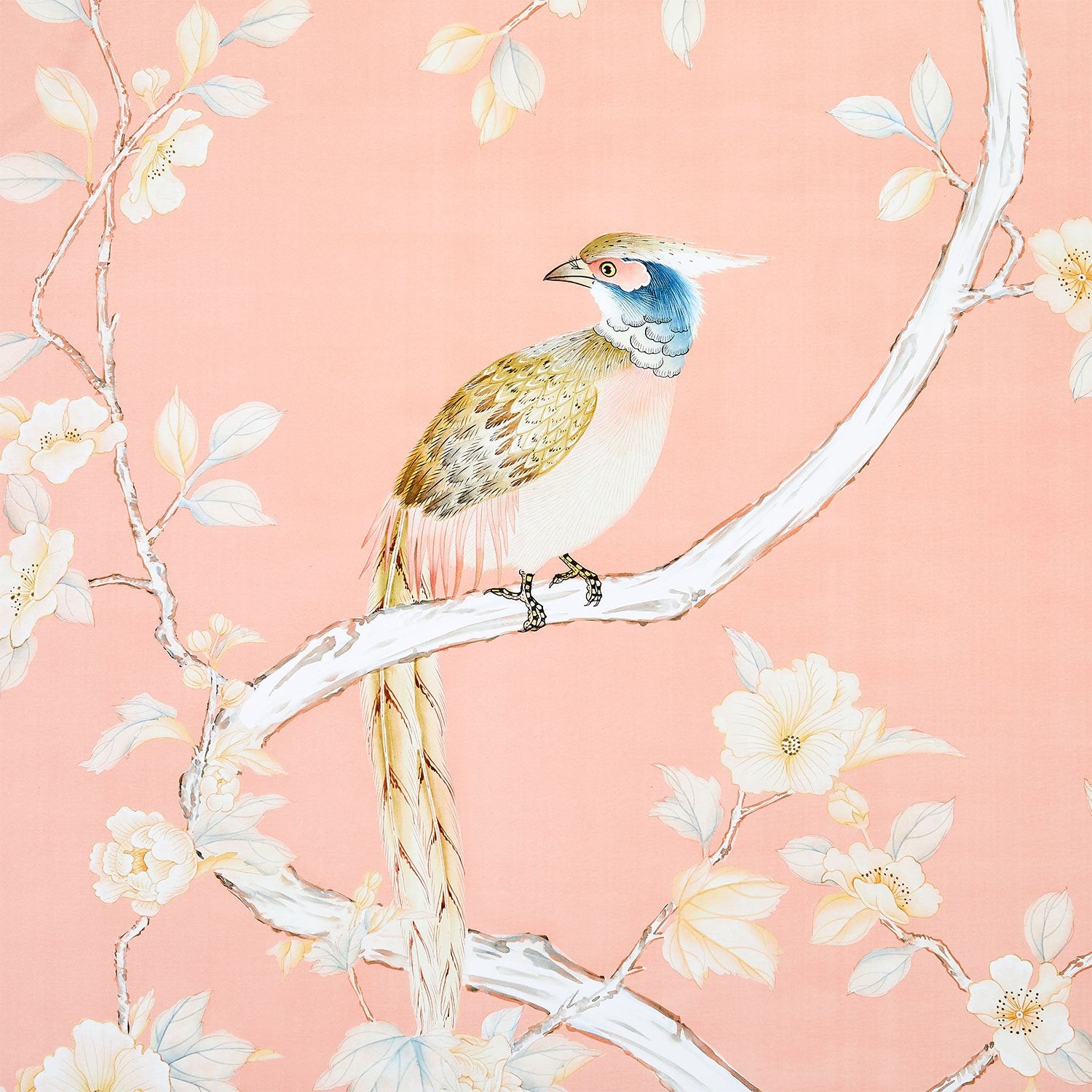 Bird Detail on Traditional Chinoiserie Carlisle Wallpaper Mural in Coral