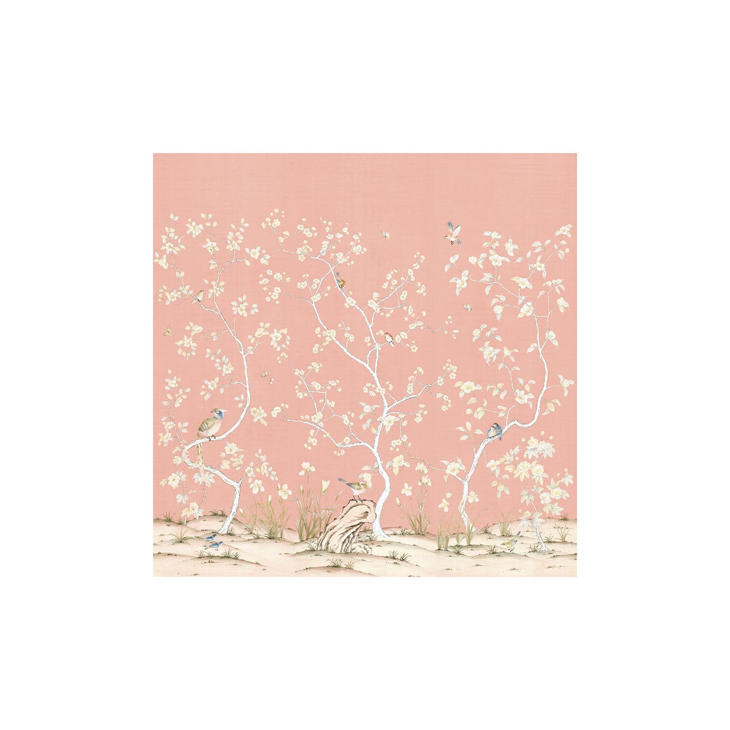 Full Design of Traditional Chinoiserie Carlisle Wallpaper Mural in Coral