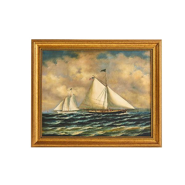 Nautical Two Ships Painting in Gold Frame