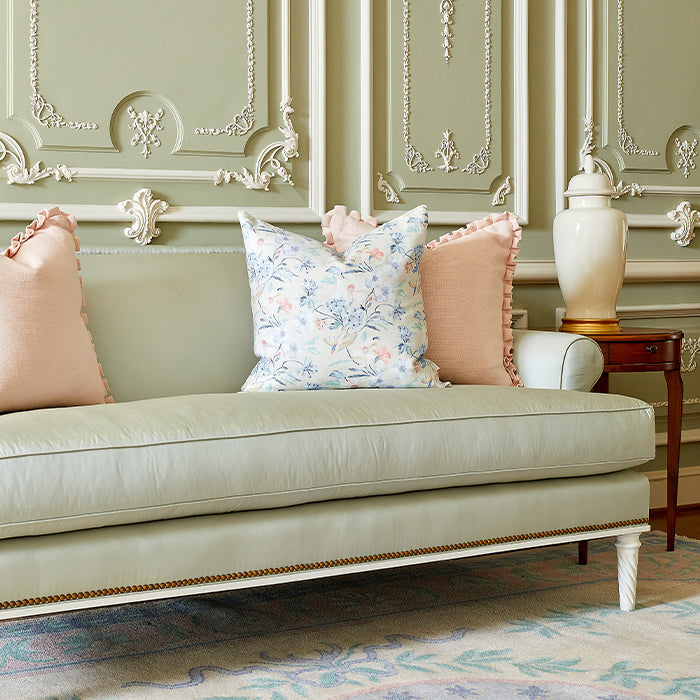 Living Room with Beth Box Pleat Pillow in Peach