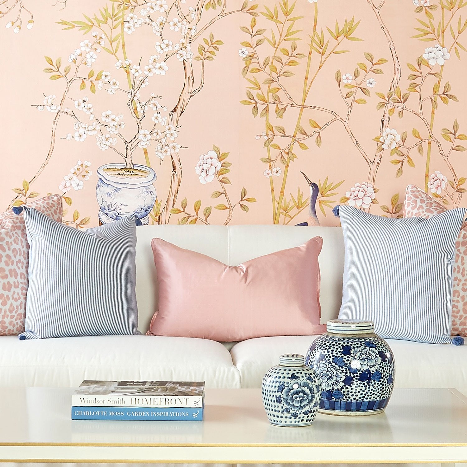 Belfort in Blush Chinoiserie Floral Wallpaper on Wall