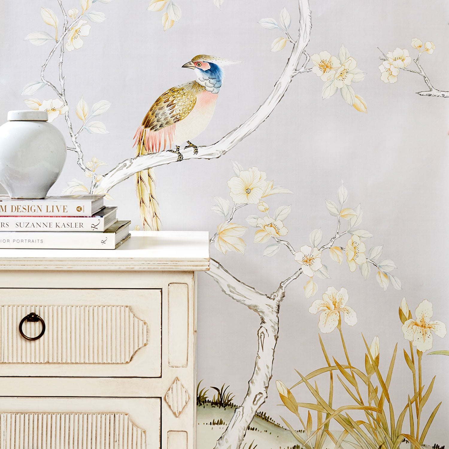 Detail of Traditional Chinoiserie Carlisle Mural Wallpaper in Dove on Wall