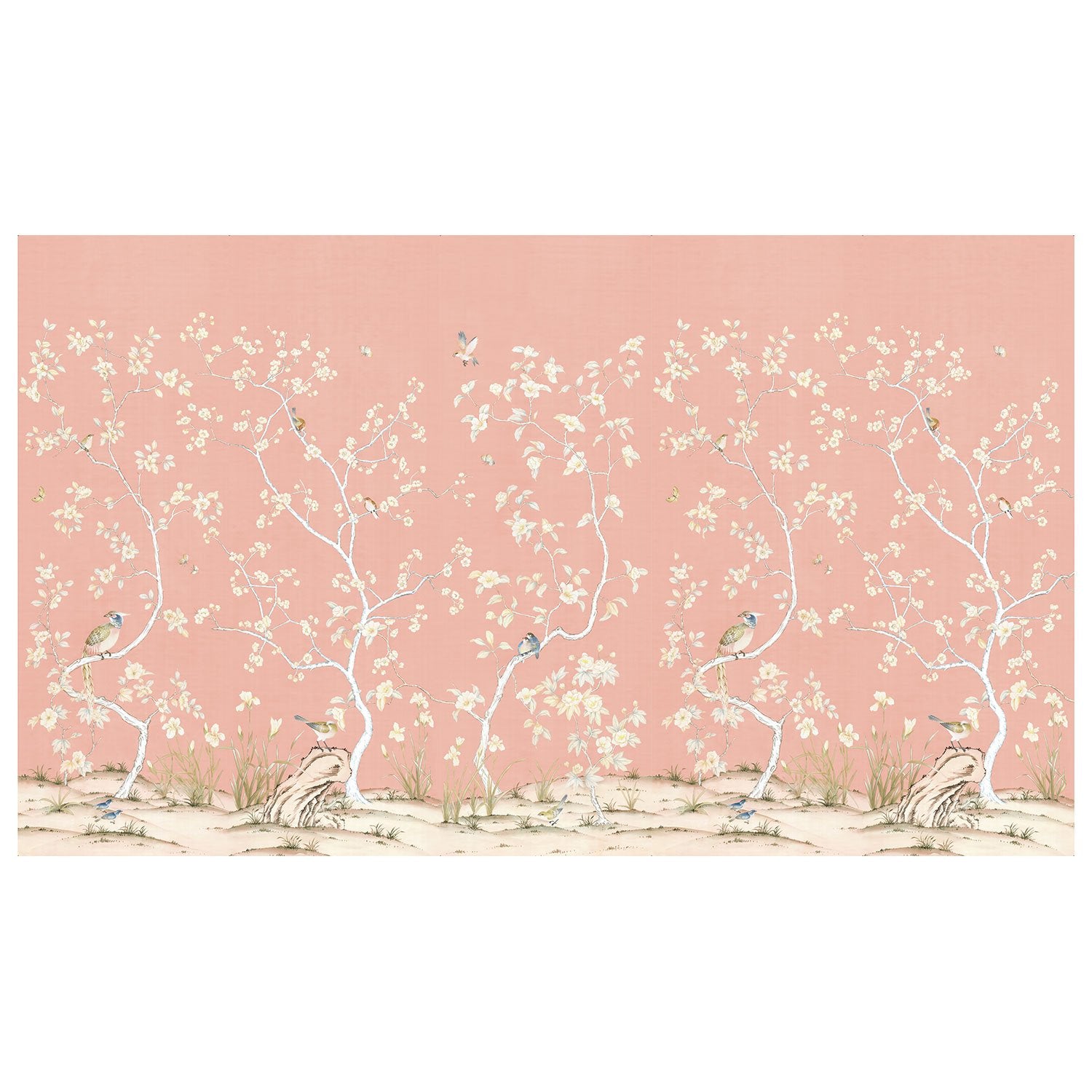 Extended Mural of Traditional Chinoiserie Carlisle Wallpaper in Coral