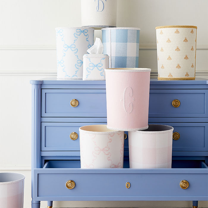 Linen Wastebasket in Blue Check