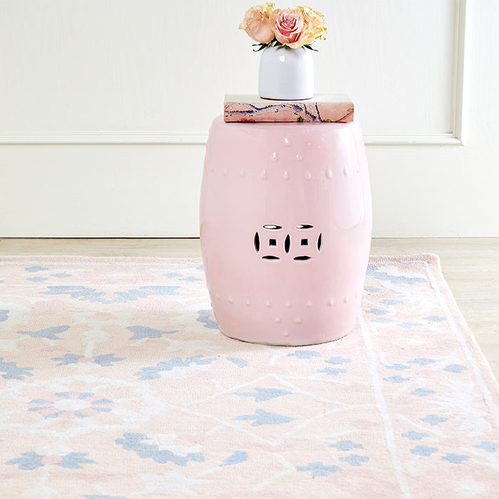 Julia Blush Floral Area Rug with Pink Stool