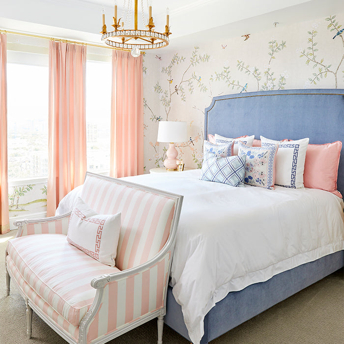 Bedroom Wallpapered in Abingdon Chinoiserie Wallpaper in Blush