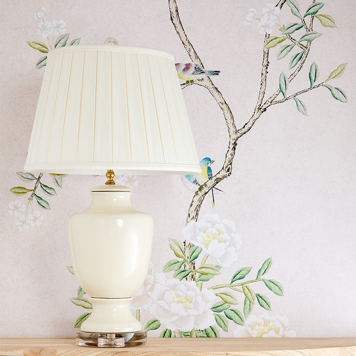 Abingdon Traditional Chinoiserie Mural Wallpaper in Lilac Pink with Lamp