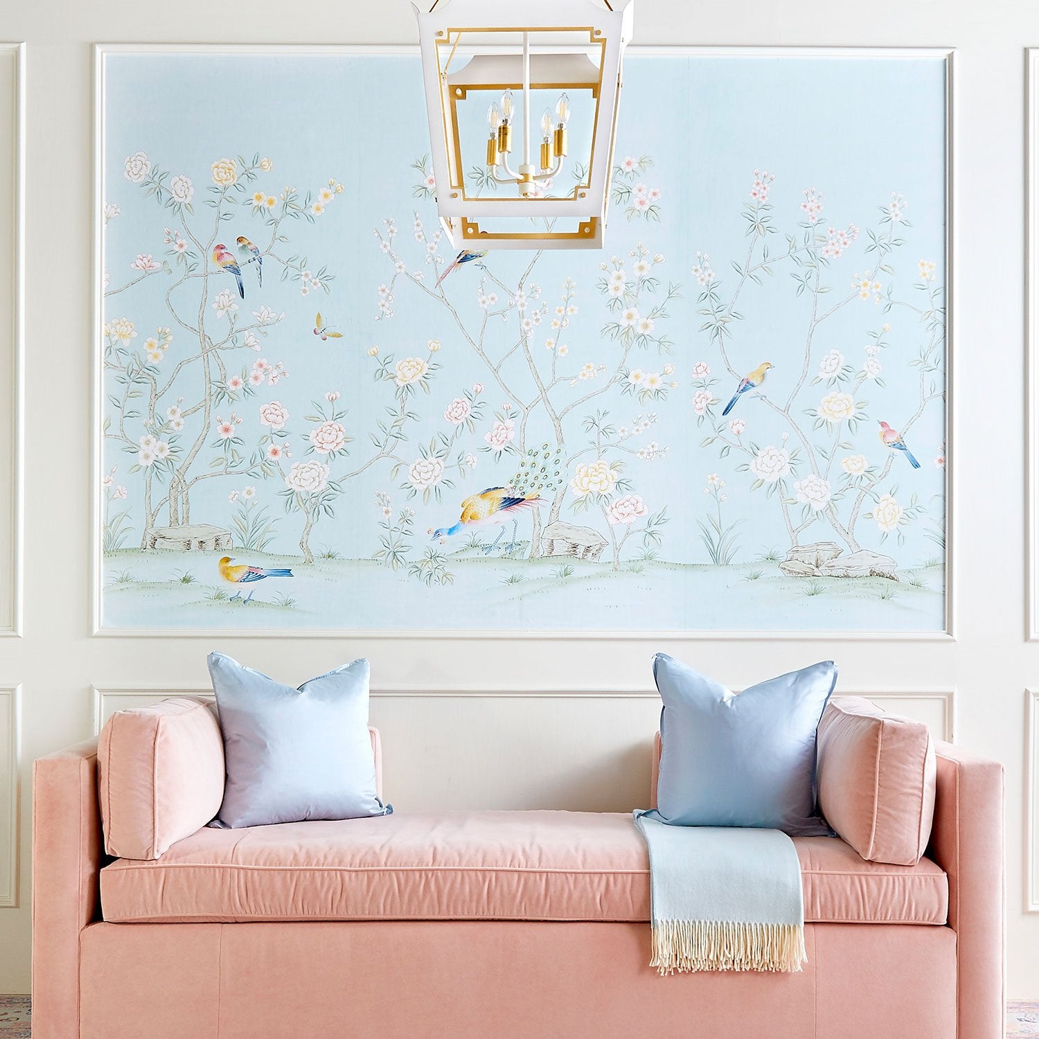 Colchester in Blue Chinoiserie Wallpaper over Pink Bench