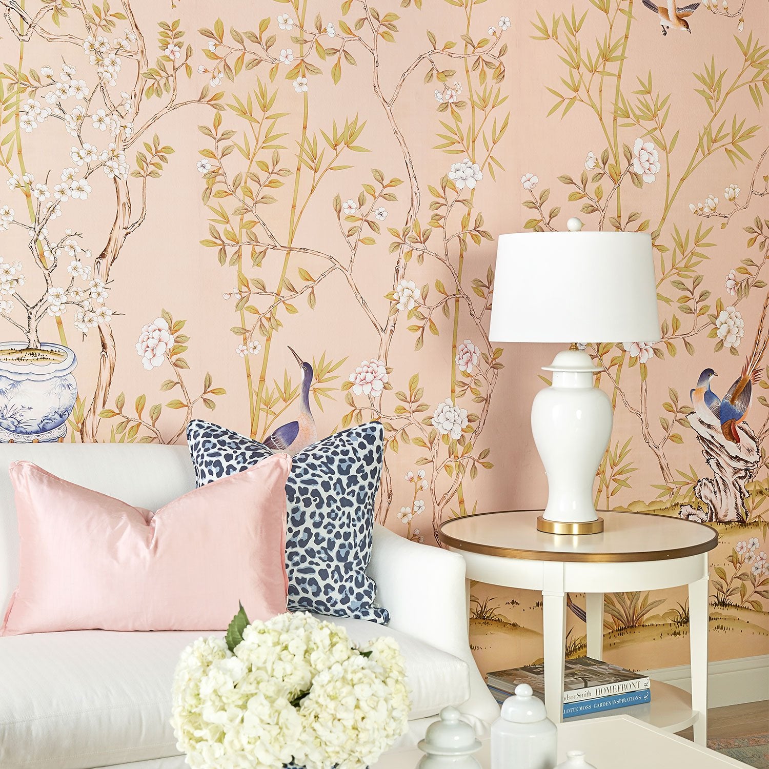 Belfort in Blush Chinoiserie Wallpaper on Living Room Wall