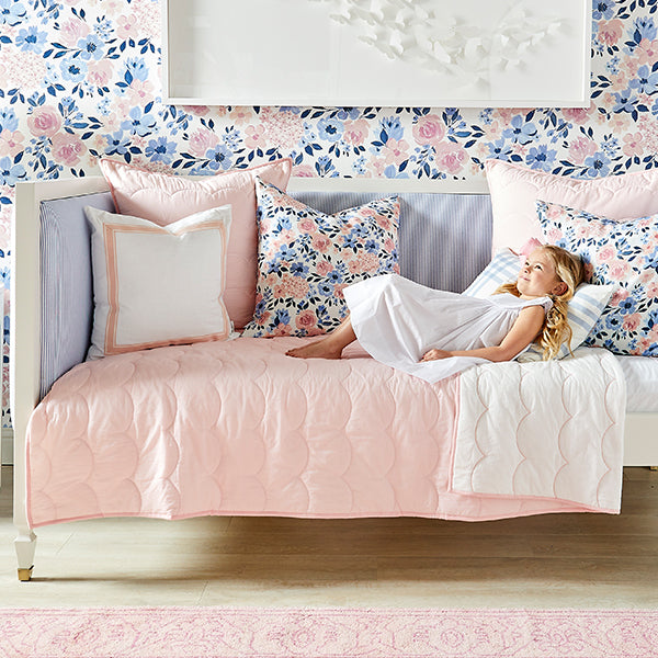Blush Pink Scallop Quilt in Girl's Floral Bedroom