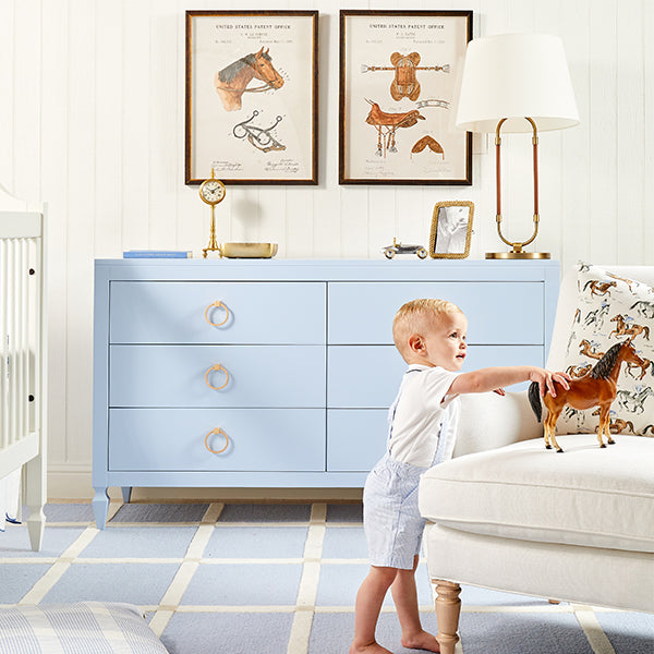 Berwick Checkered Rug in Soft Blue in Boy's Horse Themed Bedroom
