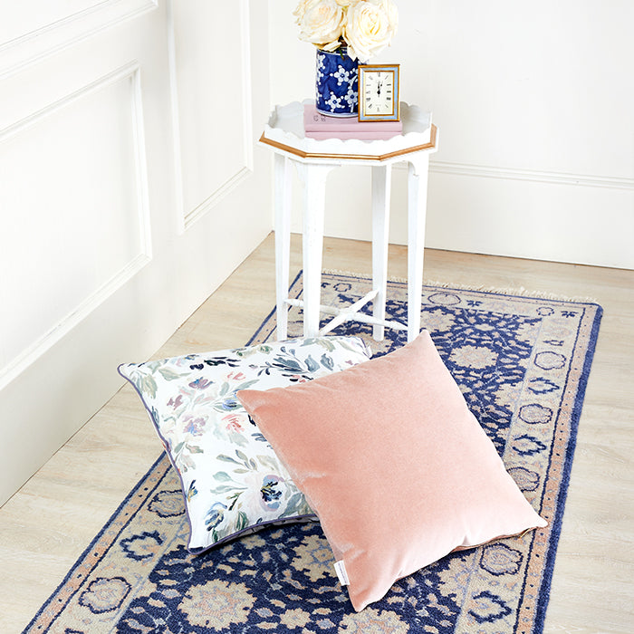 Rose Velvet Pillow with Coordinating Blue Rug