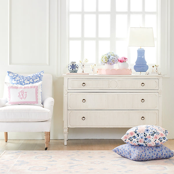 Cece Scalloped Tray in Blush on Dresser