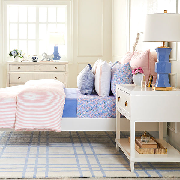 French Blue Tufted Livingston Plaid Rug in Bedroom