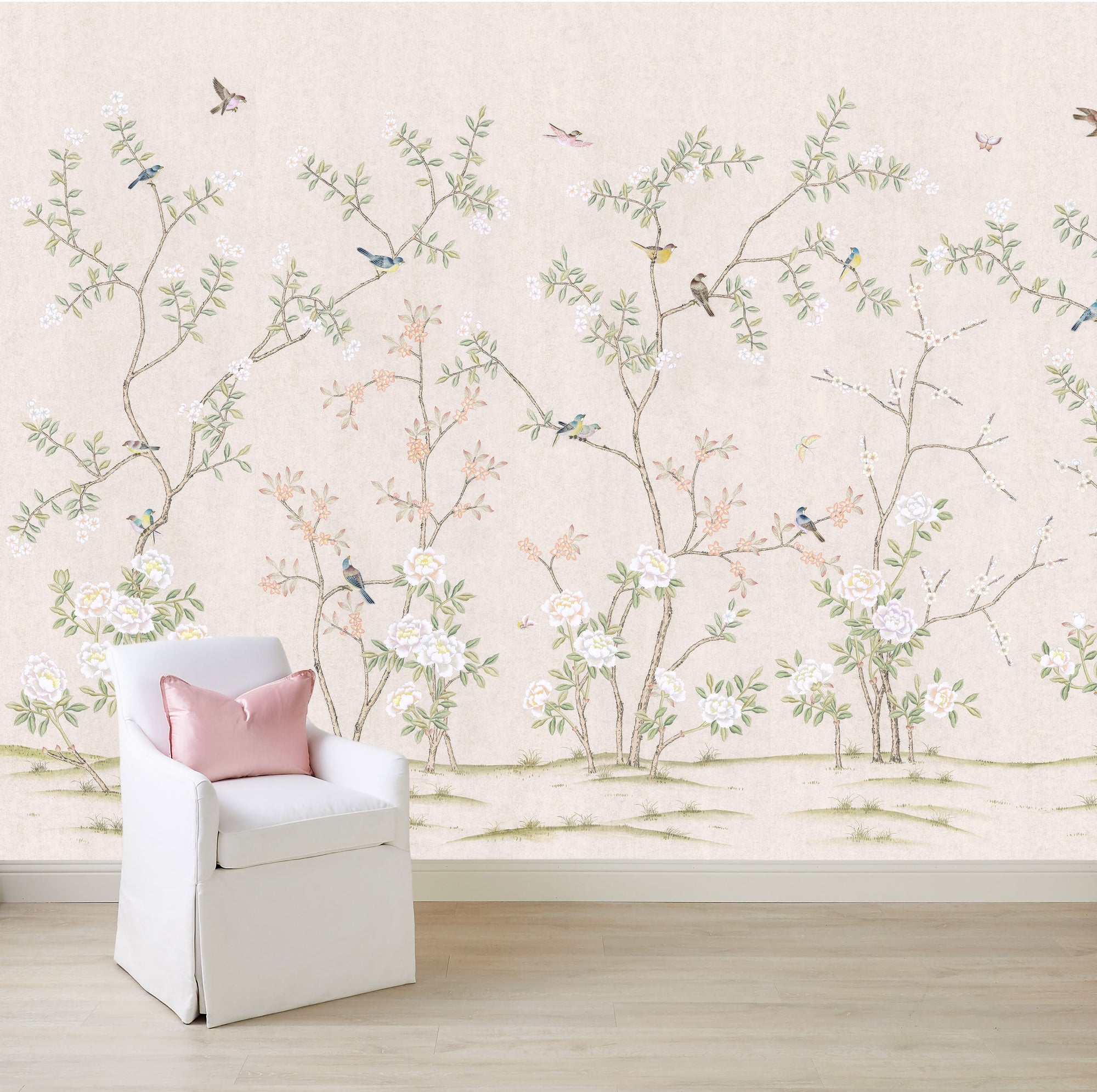 Abingdon Chinoiserie Floral Mural Wallpaper in Blush on Wall