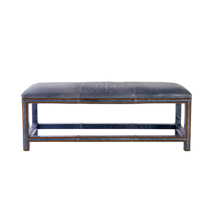 Anna Navy Blue Leather Bench with Brass Nailhead Accents