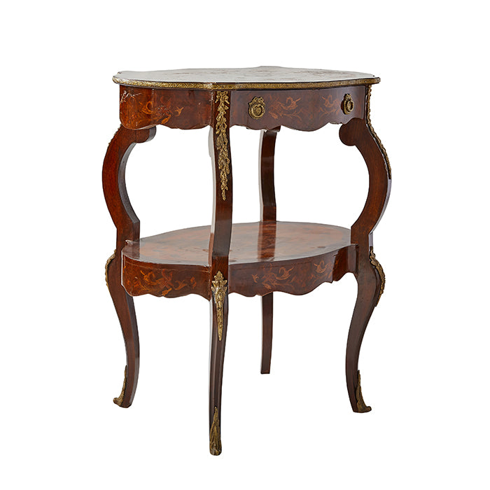 Two-tier French Ormolu-mounted Tulipwood and Marquetry Side Table on Cabriolet Legs