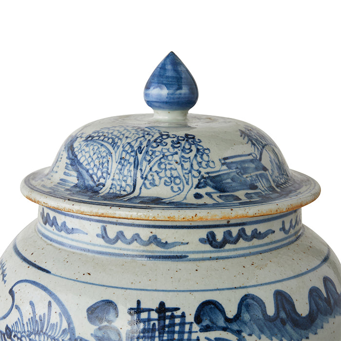 Blue and White Chinese Porcelain Landscape Lidded Jar