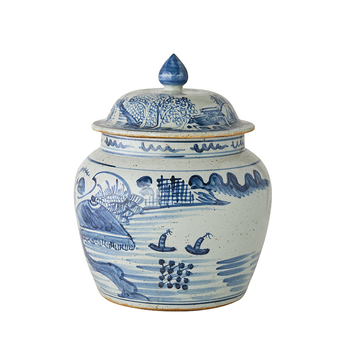 Blue and White Landscape Lidded Pottery Jar