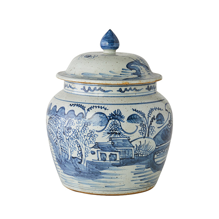 Blue and White Landscape Lidded Jar Pottery