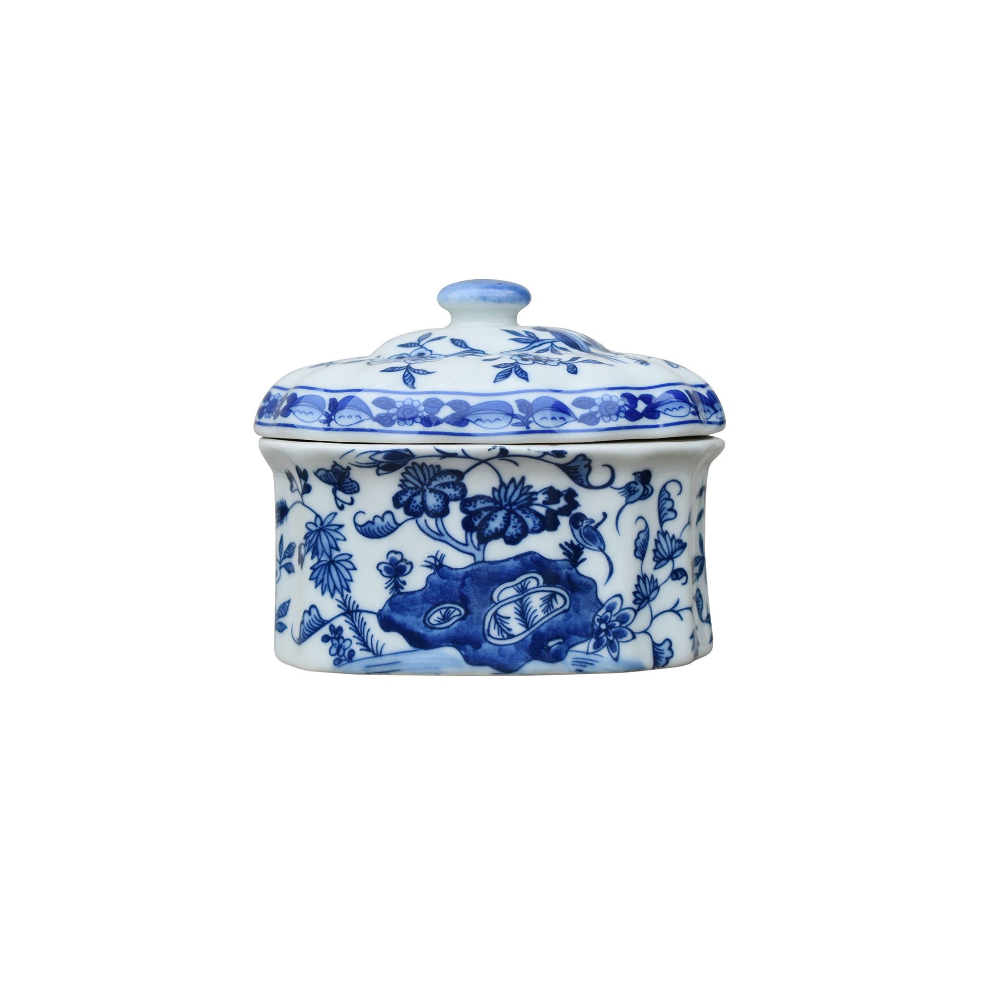 Blue and White Oval Lidded Jar